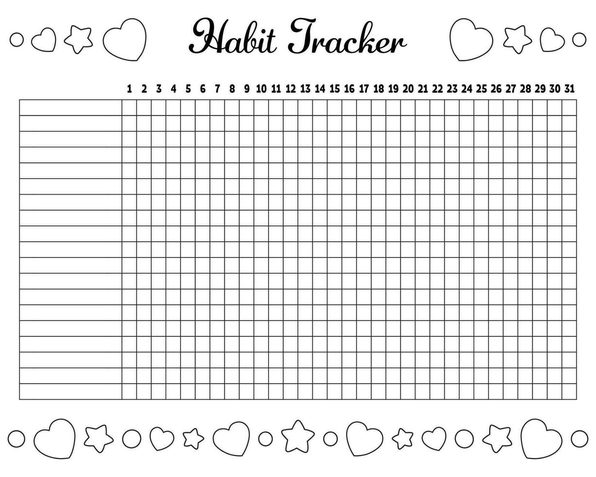 Habit tracker to improve your life. Sheet template for printing. Vector illustration isolated on white background.