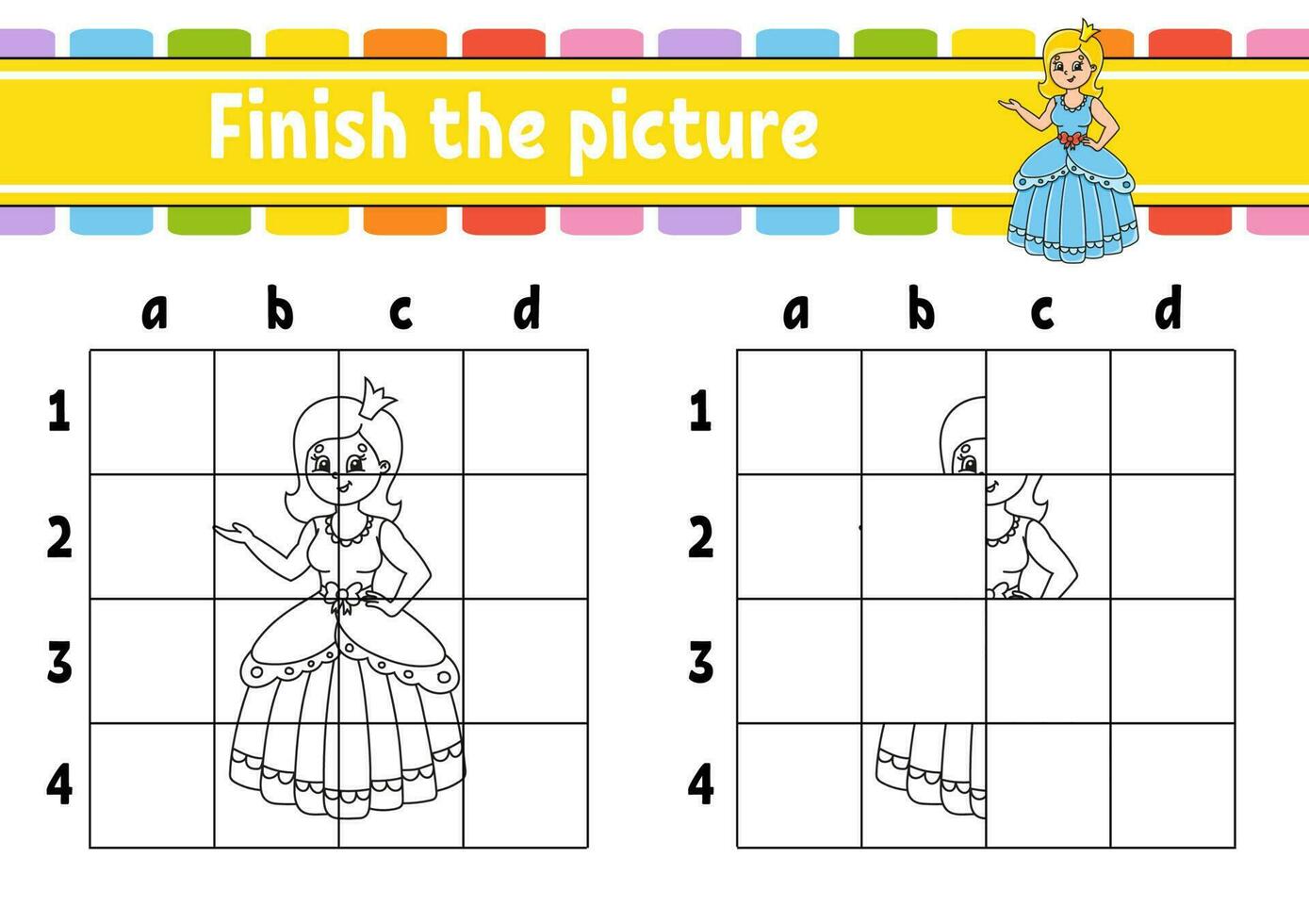 Finish the picture. Coloring book pages for kids. Education developing worksheet. Fairytale theme. Game for children. Handwriting practice. cartoon character. Vector illustration.