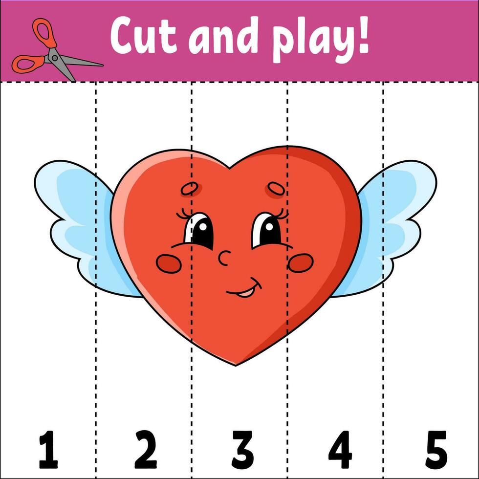 Learning numbers 1-5. Cut and play. Education worksheet. Game for kids. Color activity page. Puzzle for children. Riddle for preschool. Vector illustration. cartoon style.