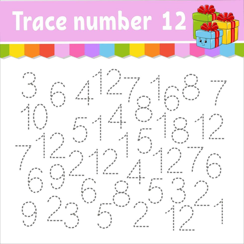 Trace number . Handwriting practice. Learning numbers for kids. Education developing worksheet. Activity page. Christmas theme. Isolated vector illustration in cute cartoon style.