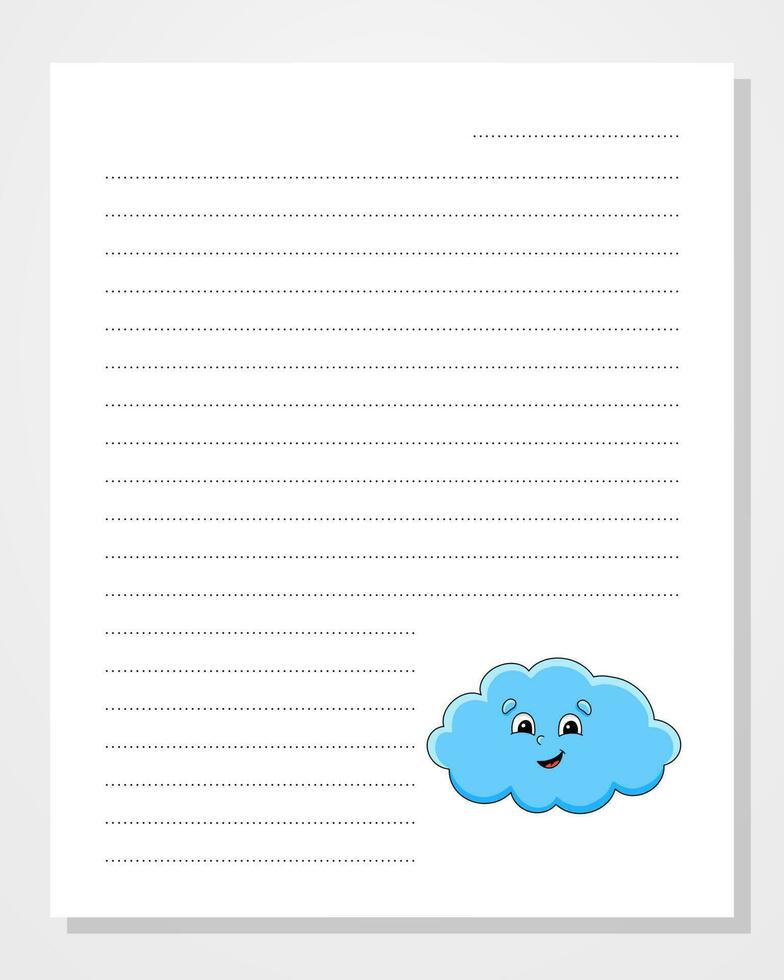 Sheet template for notebook, notepad, diary. Lined paper. With cute character. Cartoon style. Vector illustration.