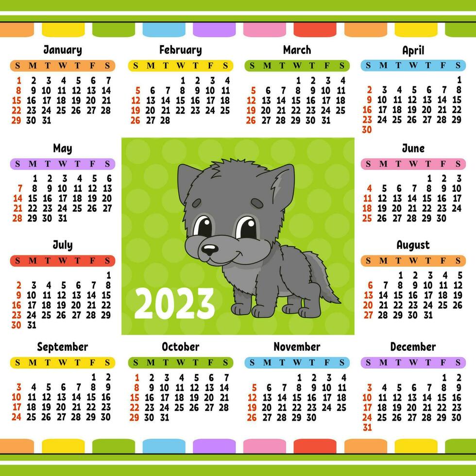 Calendar for 2023 with a cute character. Fun and bright design. Isolated color vector illustration. cartoon style.