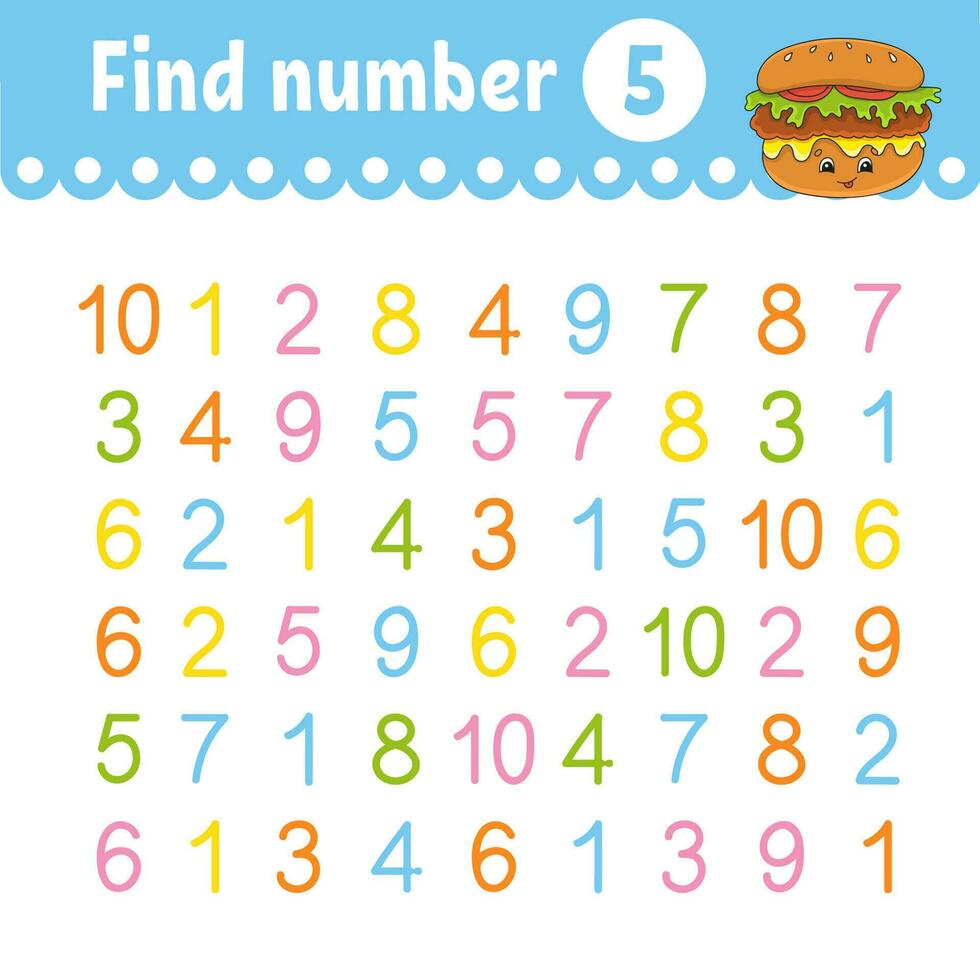 Find number. Education developing worksheet. Activity page with pictures. Game for children. Funny character. cartoon style. Vector illustration.