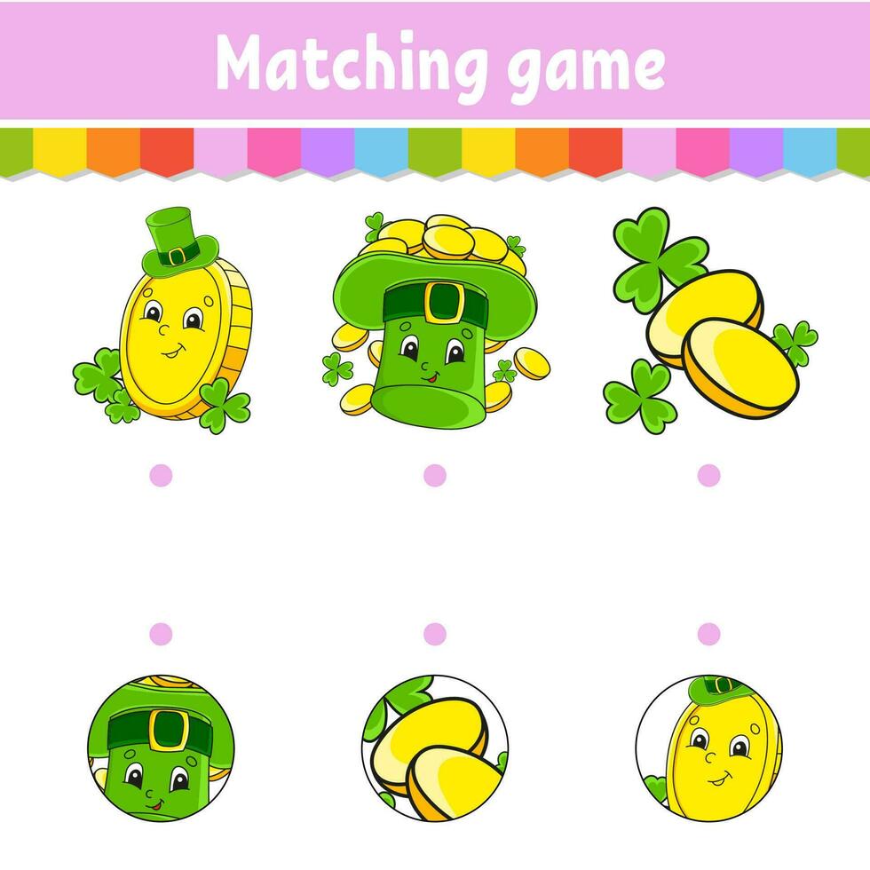 Matching game for kids. Education developing worksheet. Draw a line. Activity page. cartoon character. Vector illustration. St. Patrick's day.