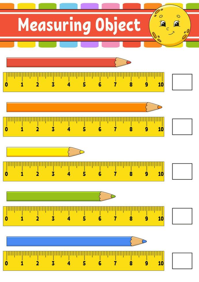 objeto de medición con regla. hoja de trabajo de desarrollo educativo. juego para niños página de actividades de colores. rompecabezas para niños. lindo personaje ilustración vectorial estilo de dibujos animados vector