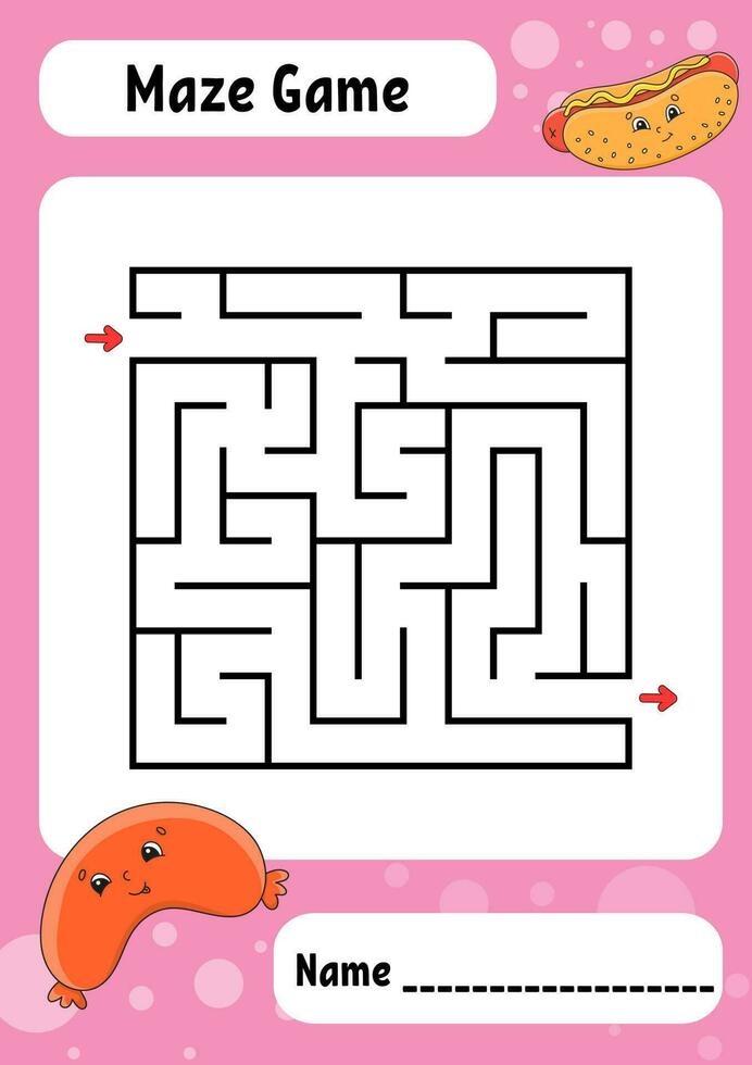 Square maze. Game for kids. Funny labyrinth. Education developing worksheet. Activity page. Puzzle for children. cartoon style. Riddle for preschool. Logical conundrum. Color vector illustration.