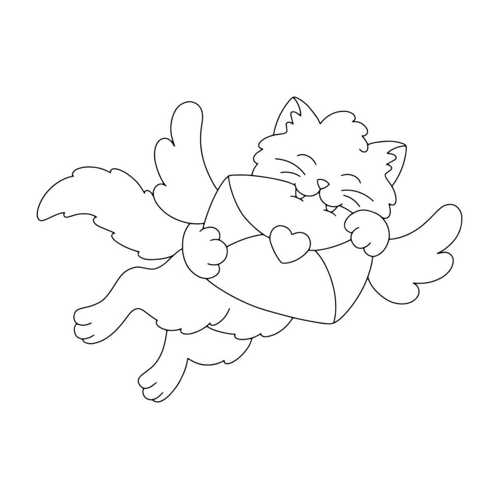 Cupid cat with wings carries a love letter. Coloring book page for kids. Cartoon style character. vector