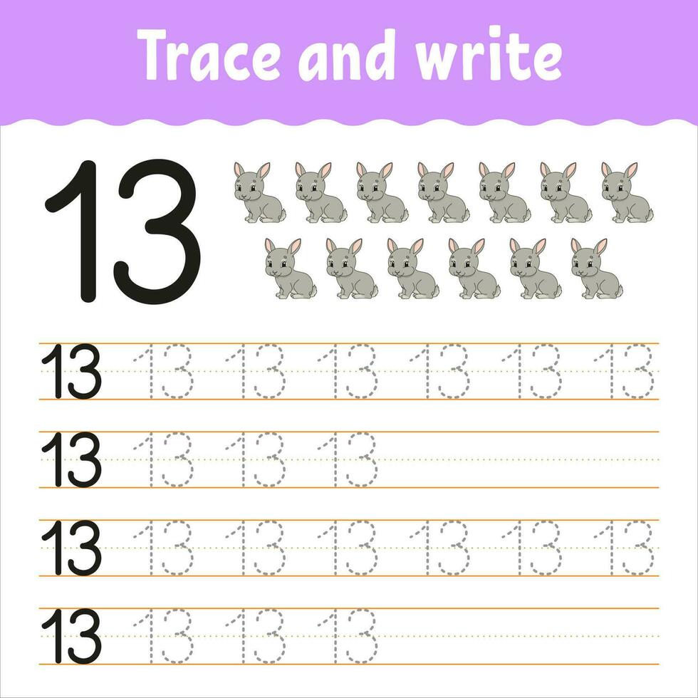 Learn Numbers. Trace and write. Handwriting practice. Learning numbers for kids. Education developing worksheet. Color activity page. Vector illustration.