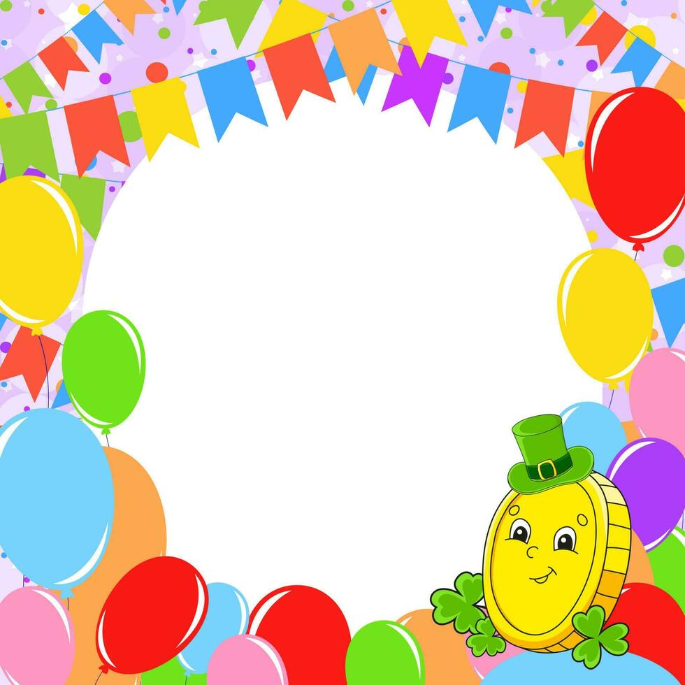 Happy birthday greeting card with a cute cartoon character. With copy space for your text. Picture on the background of bright balloons, confetti and garlands. Vector illustration.