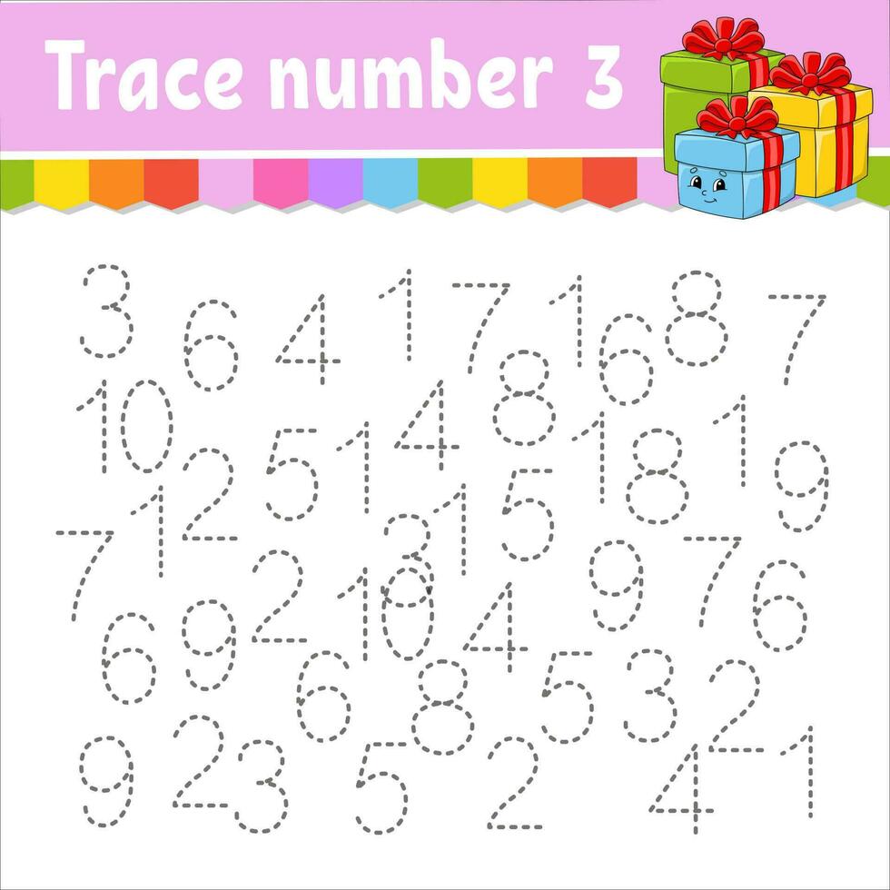 Trace number . Handwriting practice. Learning numbers for kids. Education developing worksheet. Activity page. Christmas theme. Isolated vector illustration in cute cartoon style.