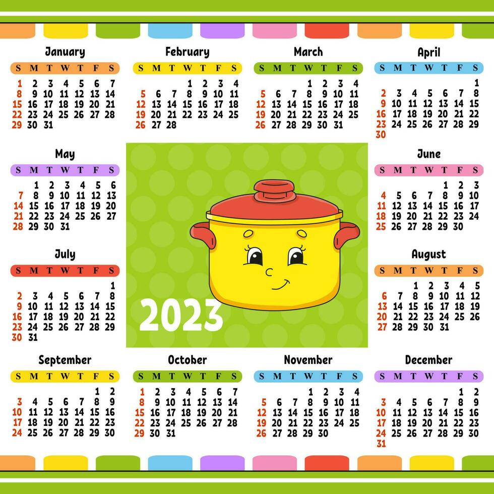 Calendar for 2023 with a cute character. Fun and bright design. Isolated color vector illustration. cartoon style.