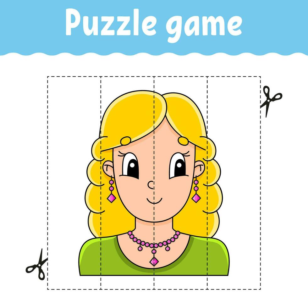 Puzzle game for kids. Cutting practice. Education developing worksheet. Activity page. cartoon character. Vector illustration.