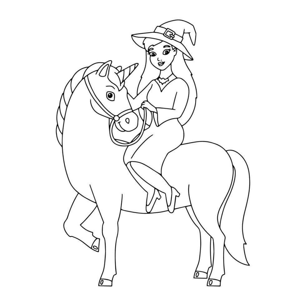 la bruja monta un unicornio. página de libro para colorear para niños. personaje de estilo de dibujos animados. ilustración vectorial aislado sobre fondo blanco. tema de halloween. vector