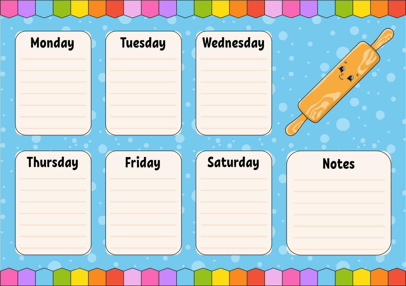 School schedule. Timetable for schoolboys. Empty template. Weekly planer with notes. Isolated color vector illustration. cartoon character.