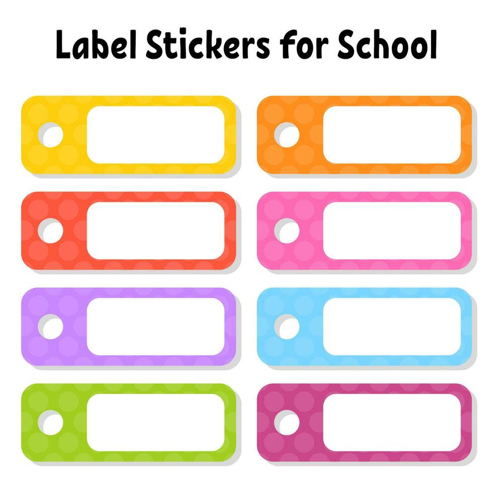 Set stickers for school. Empty template. Name tags, gift labels. Perfect for folders, daily journals, notebooks, lunch bags, pencil boxes. Rectangular label. Color vector isolated illustration.