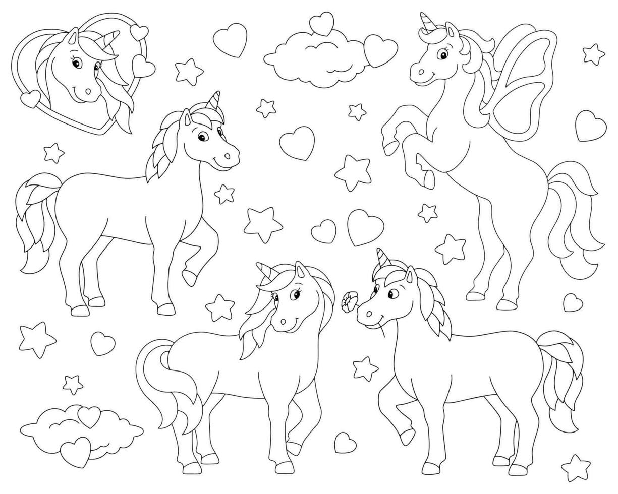 encantador unicornios en amor. colorante libro página para niños. San Valentín día. dibujos animados estilo personaje. vector ilustración aislado en blanco antecedentes.