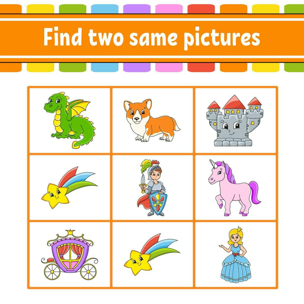 Find two same pictures. Task for kids. Education developing worksheet. Activity page. Color game for children. Funny character. Cartoon style. Vector illustration.