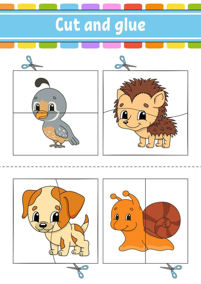 Cut and play. Paper game with glue. Flash cards. Education worksheet. Activity page. Funny character. Isolated vector illustration. cartoon style.