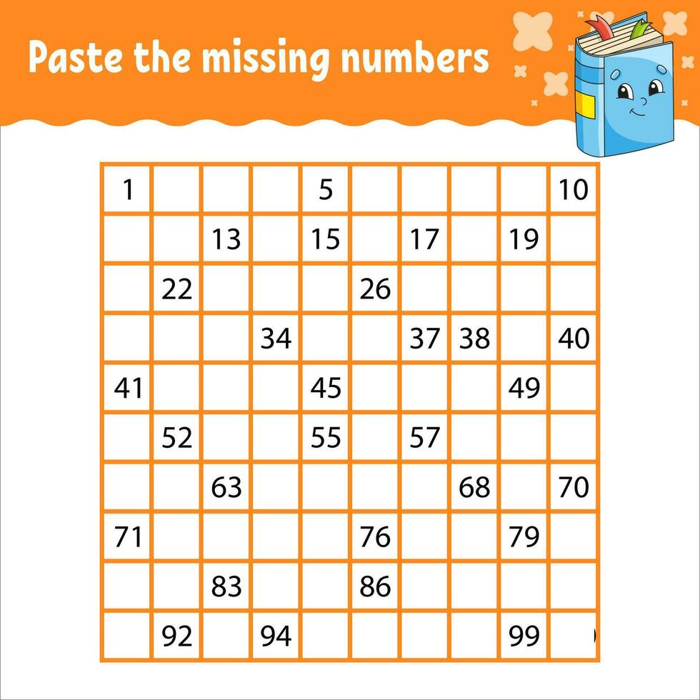 Paste the missing numbers from 1 to 100. Handwriting practice. Learning numbers for kids. Education developing worksheet. Activity page. Vector illustration.