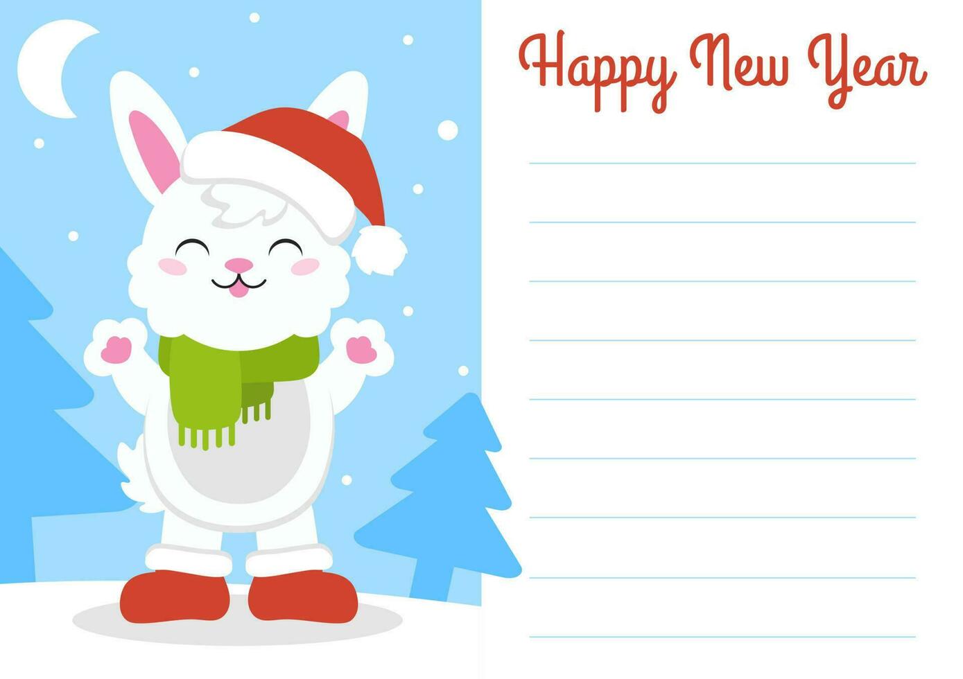 Gift color greeting card. Rabbit symbol in a santa hat. Cute cartoon character. Happy New Year and Merry Christmas. Flat style. Vector illustration.