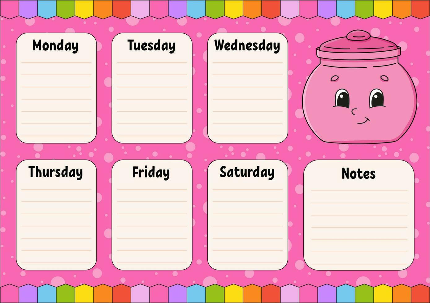 School schedule. Timetable for schoolboys. Empty template. Weekly planer with notes. Isolated color vector illustration. cartoon character.