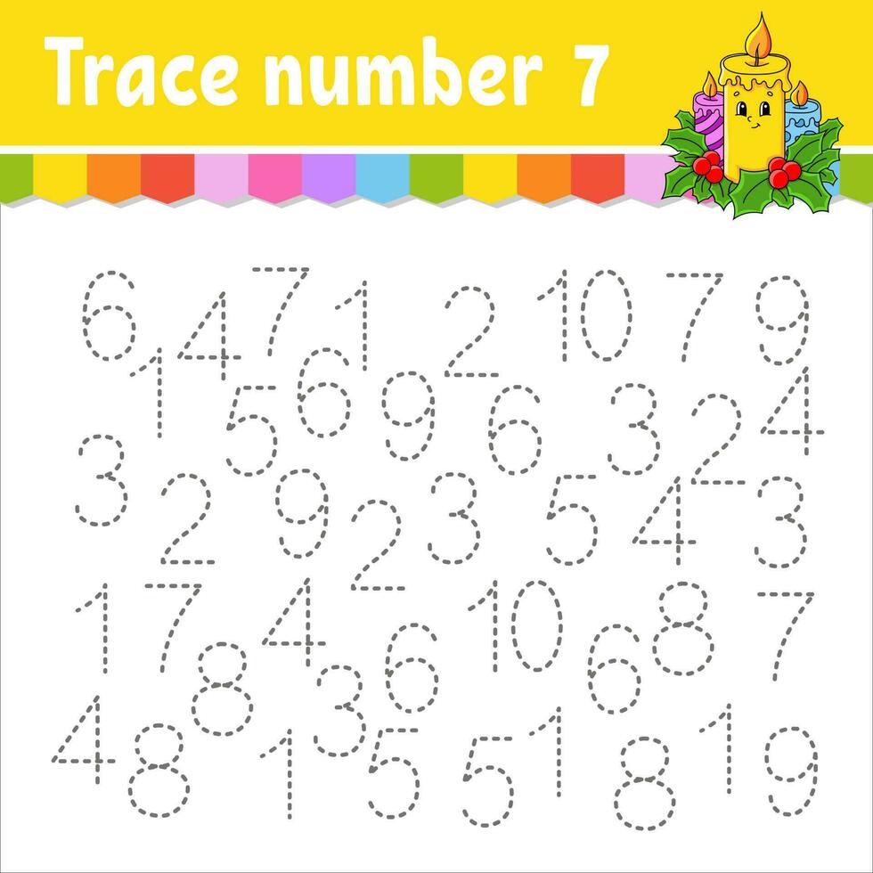 Trace number . Handwriting practice. Learning numbers for kids. Education developing worksheet. Activity page. Christmas theme. Isolated vector illustration in cute cartoon style.