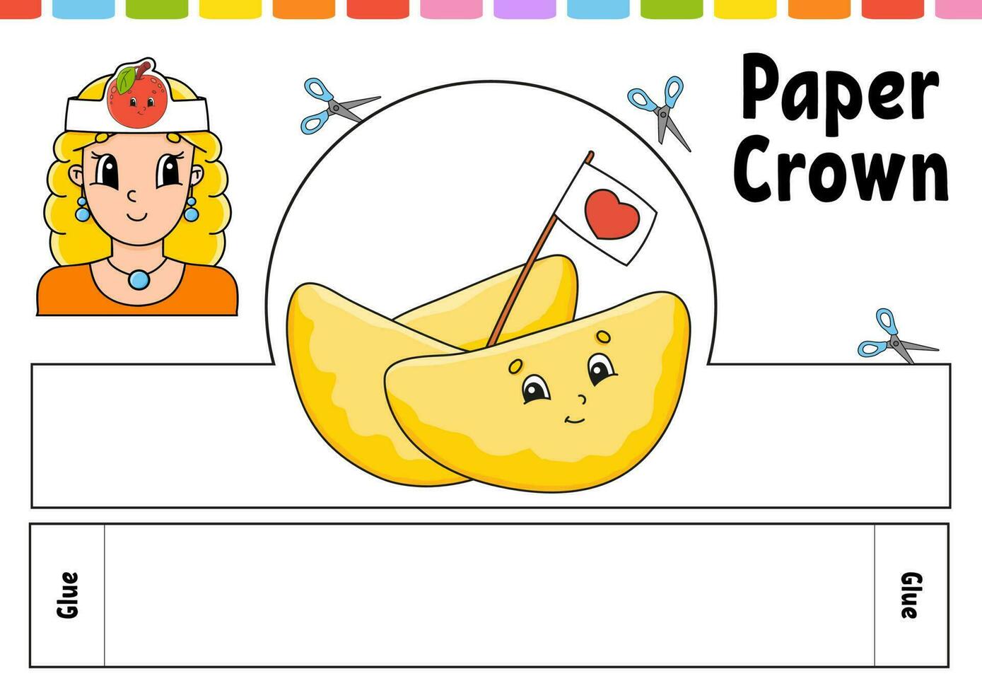 Paper crown template for kids. For games, pies, birthdays, holidays. With a cute cartoon character. Isolated on a white background. Suitable for printing. Vector illustration.