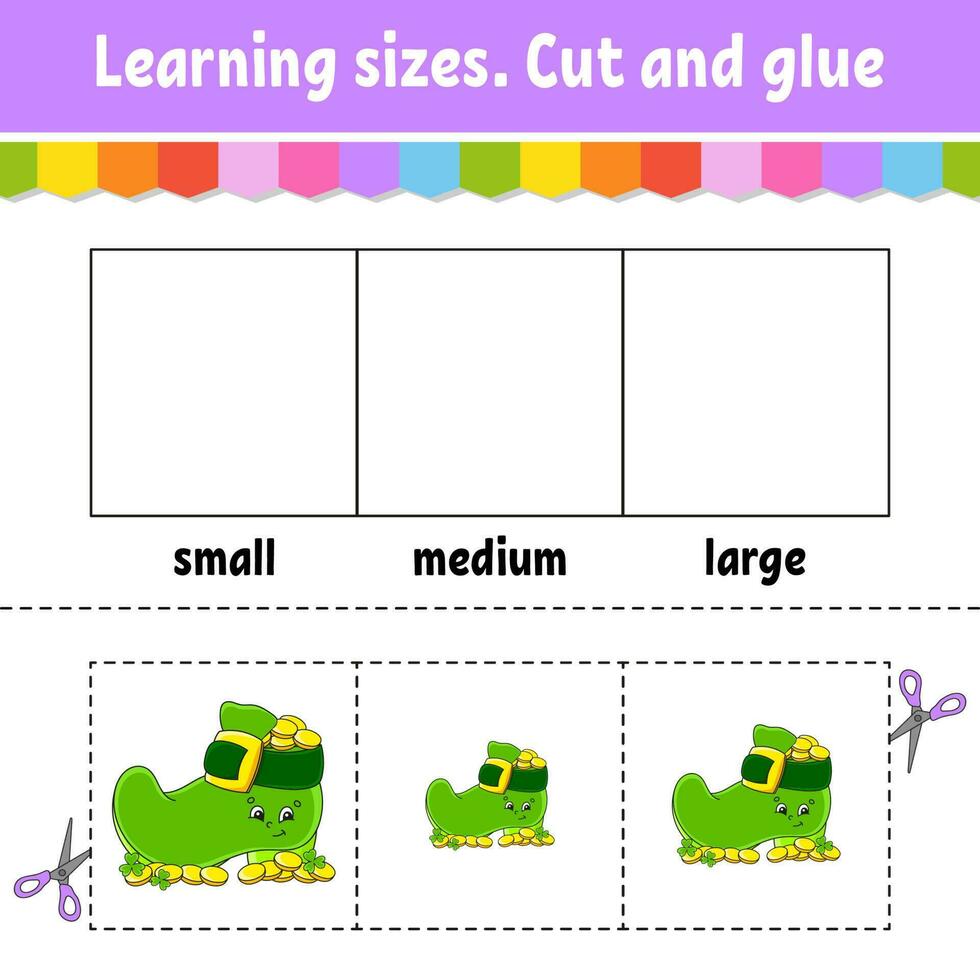 Learning sizes. Cut and glue. Easy level. Color activity worksheet. Game for children. Cartoon character. Vector illustration.