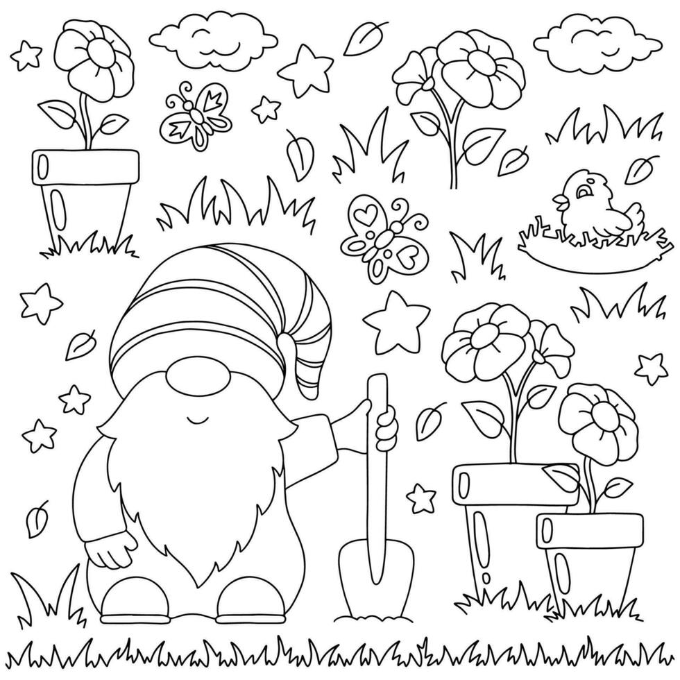 Garden gnome with a shovel and flowers. Coloring book page for kids. Cartoon style character. Vector illustration isolated on white background.