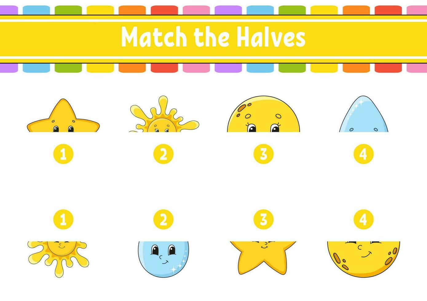 Match the halves. Education developing worksheet. Matching game for kids. Color activity page. Riddle for children. Cute character. Vector illustration. Cartoon style.