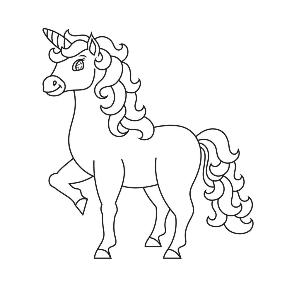 lindo unicornio. caballo de hadas mágico. página de libro para colorear para niños. estilo de dibujos animados. ilustración vectorial aislado sobre fondo blanco. vector