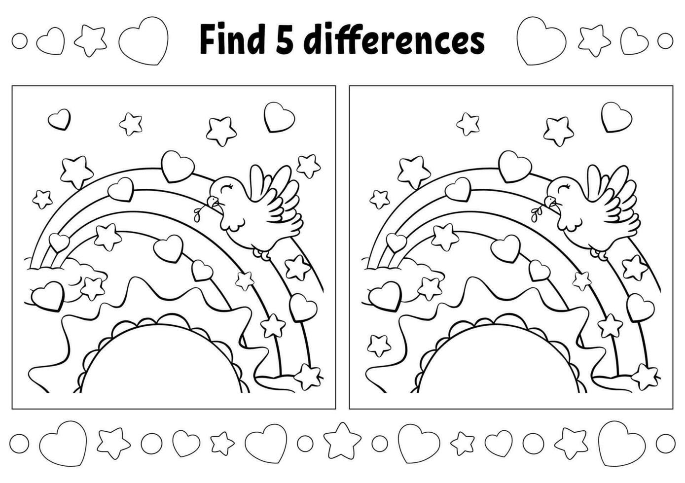 Find five differences. Coloring page for kids. Activity worksheet for children. Vector illustration isolated on white background.