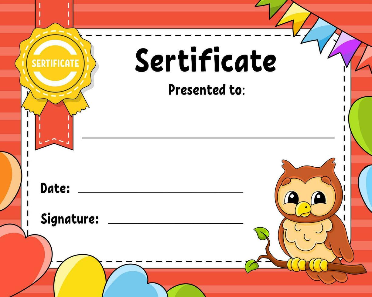 Sertificate template for kids. Colorful school and preschool diploma. With cute character. Vector illustration.