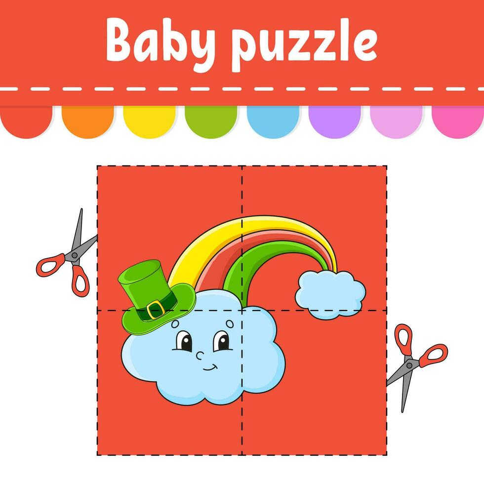 Baby puzzle. Easy level. Flash cards. Cut and play. Color activity worksheet. Game for children. cartoon character. Vector illustration.