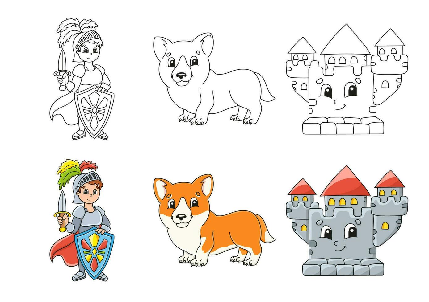 Set coloring page for kids. Fairytale theme. Cute cartoon characters. Black stroke. With sample. Vector illustration.