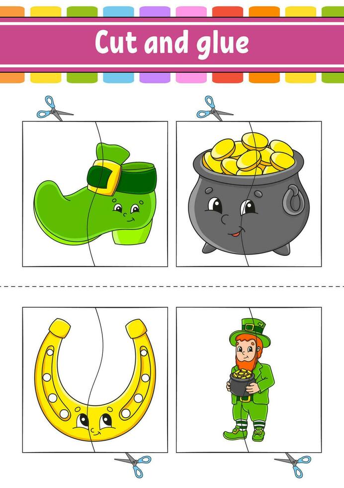 Cut and play. Paper game with glue. Flash cards. Education worksheet. Activity page. St. Patrick's Day. Isolated vector illustration. cartoon style.