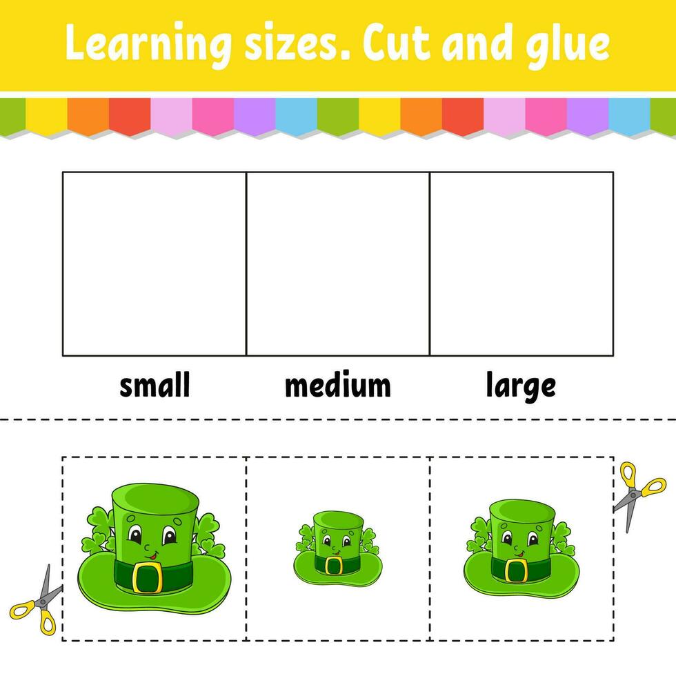 Learning sizes. Cut and glue. Easy level. Color activity worksheet. Game for children. Cartoon character. Vector illustration.