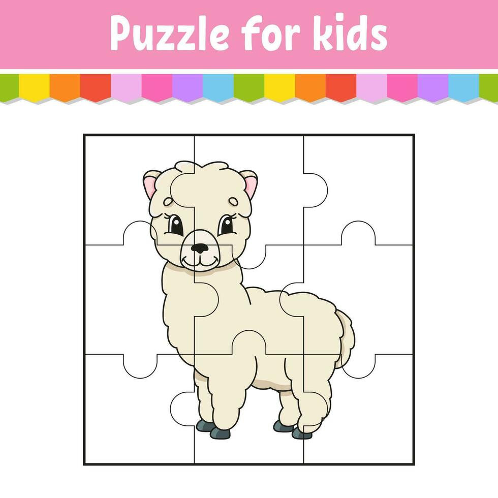 Puzzle game for kids. Jigsaw pieces. Color worksheet. Activity page. cartoon style. Vector illustration.