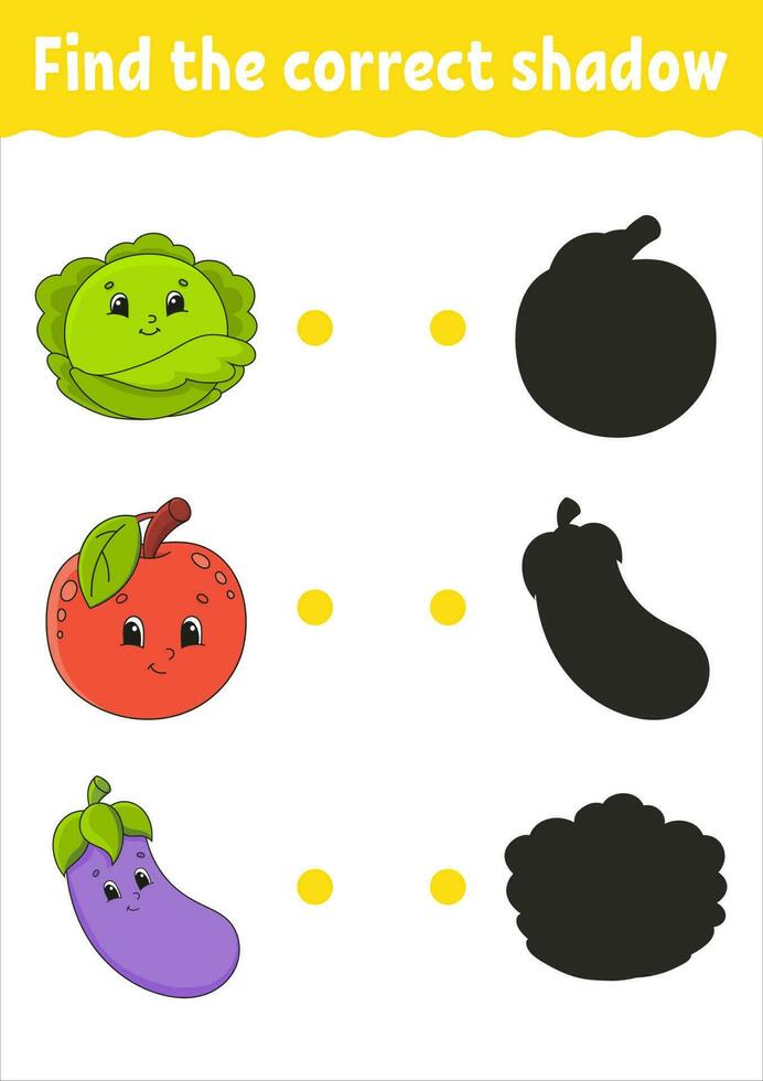 Find the correct shadow. Education developing worksheet. Matching game for kids. Color activity page. Puzzle for children. Cute character. Vector illustration.