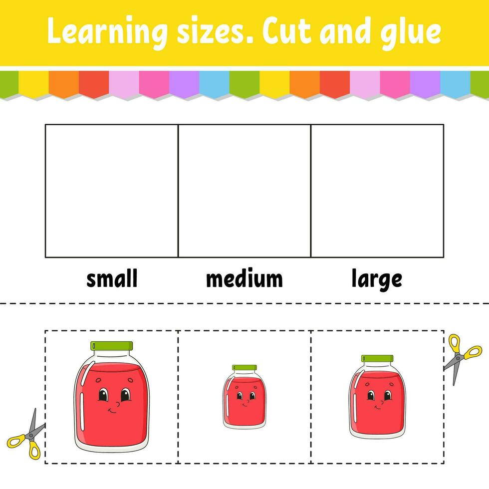 Learning sizes. Cut and glue. Easy level. Color activity worksheet. Game for children. Cartoon character. Vector illustration.