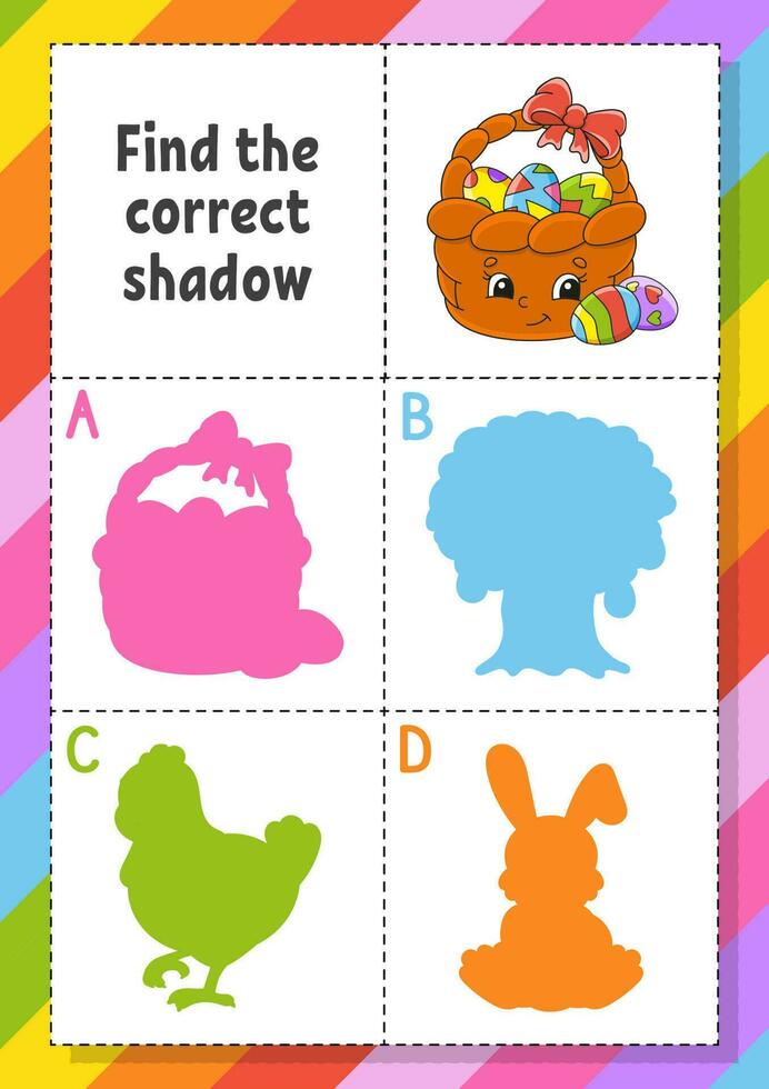 Find the correct shadow. Easter theme. Education developing worksheet for kids. Puzzle game. Activity page. cartoon character. Vector illustration.