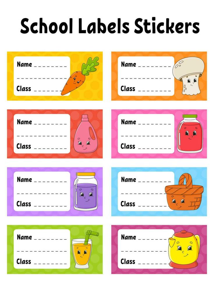 Name and class. Back to school labels. Set stickers for notebook. Bright stickers. Rectangular label. Color vector isolated illustration.