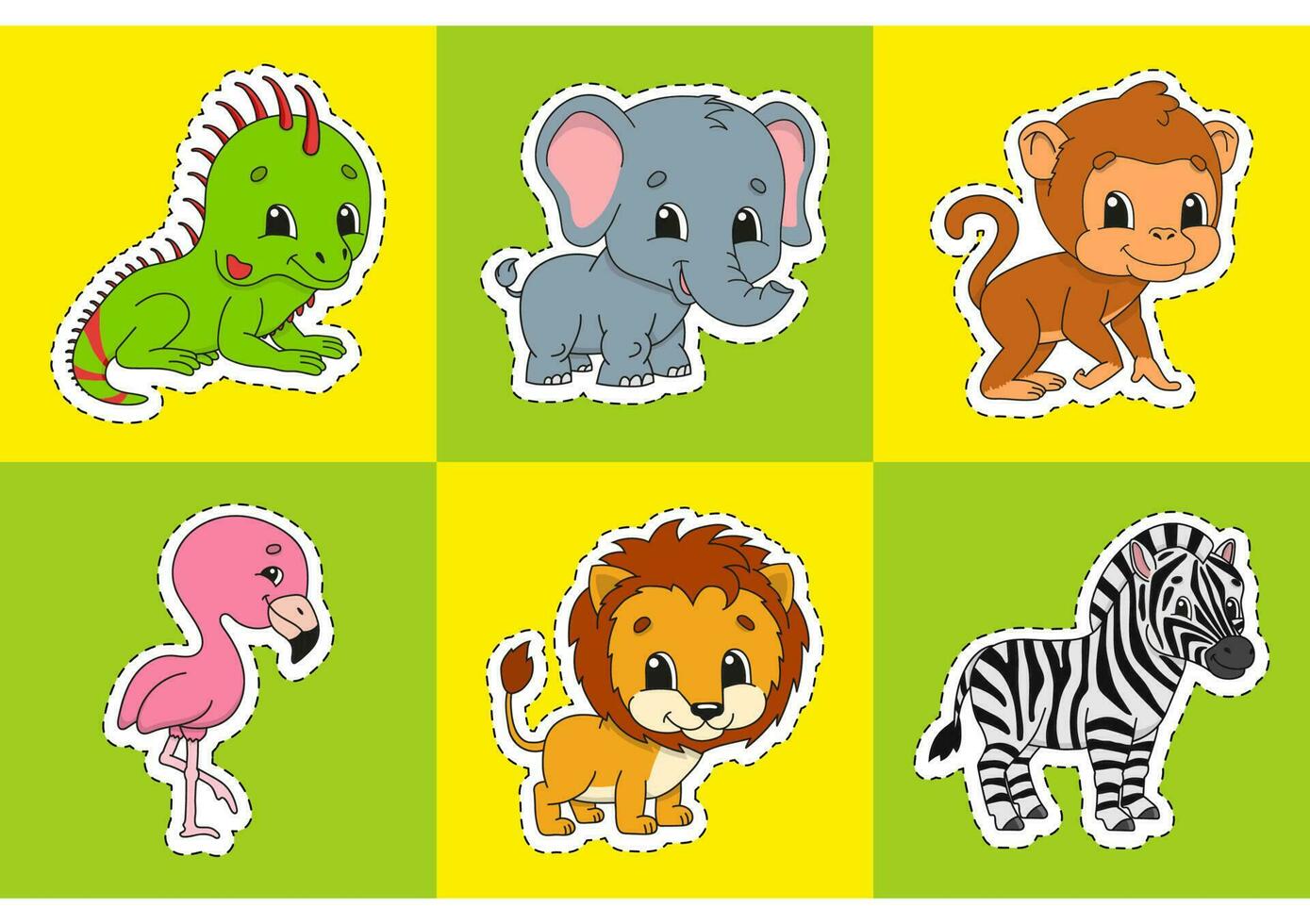 Set of bright color stickers for kids. Animal theme. Cute cartoon characters. Vector illustration isolated on color background.