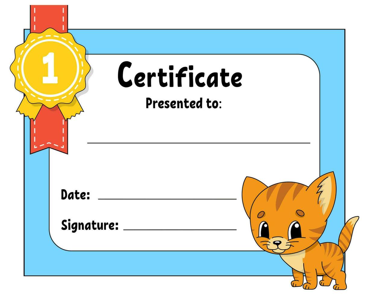 Certificate template for kids. Colorful school and preschool diploma. With cute character. . vector