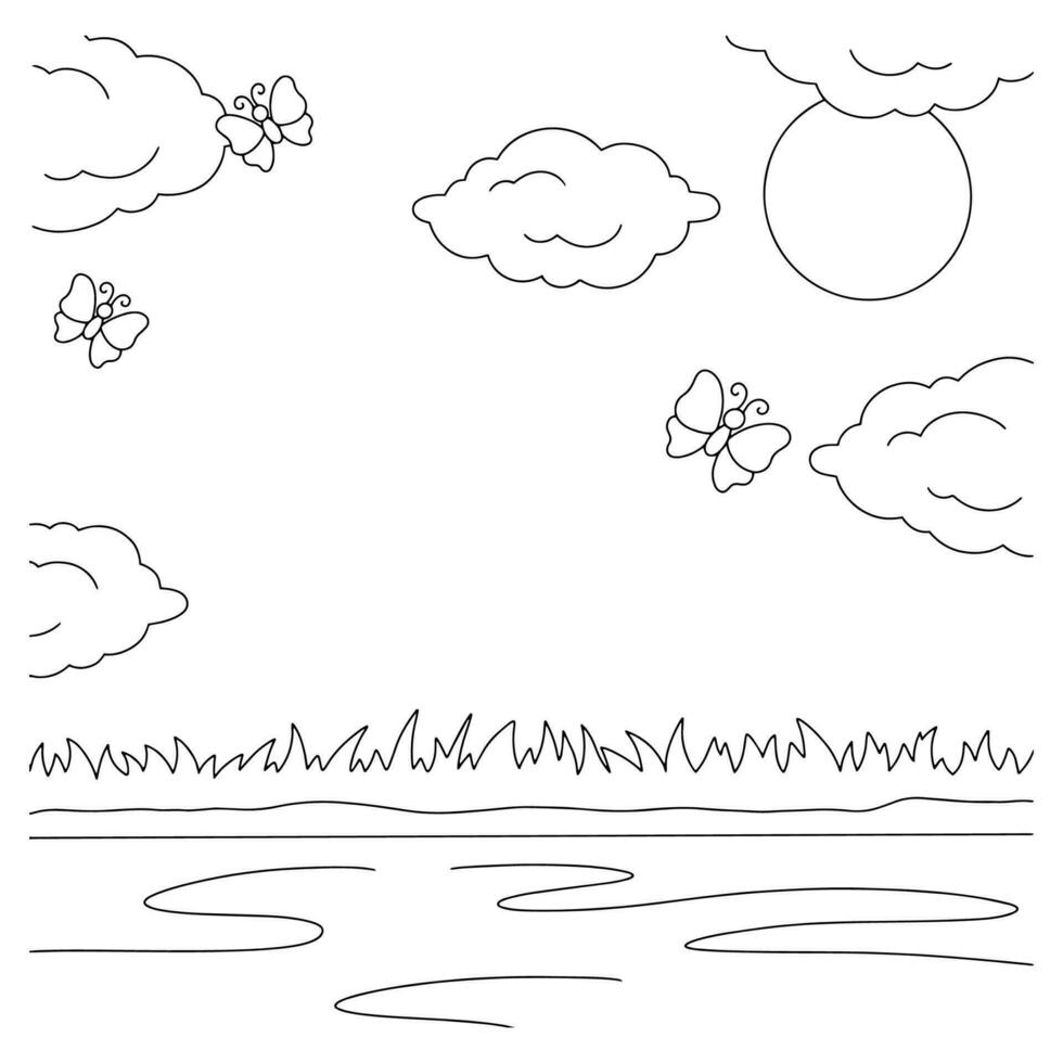 maravilloso paisaje natural. página de libro para colorear para niños. estilo de dibujos animados. ilustración vectorial aislado sobre fondo blanco. vector