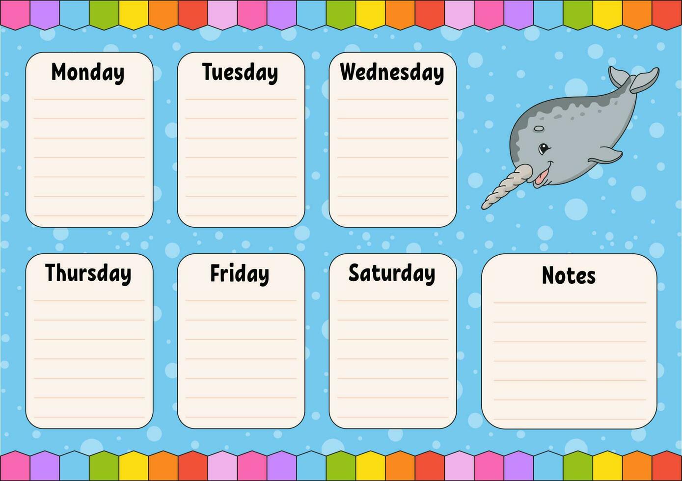 School schedule. Timetable for schoolboys. Empty template. Weekly planer with notes. Isolated color vector illustration. cartoon character.