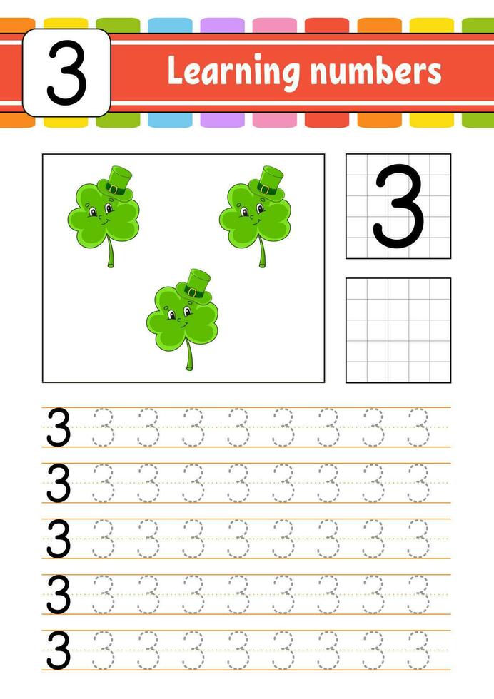 Trace and write numbers. Handwriting practice. Learning numbers for kids. Education developing worksheet. Activity page. Vector illustration.