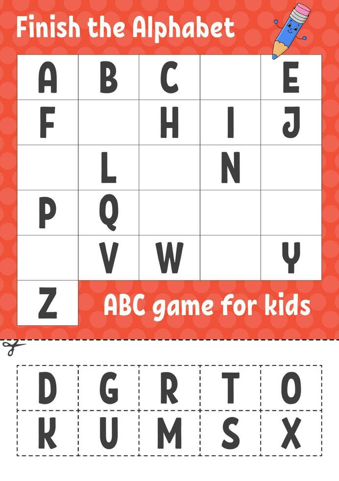 Finish the alphabet. ABC game for kids. Cut and glue. Education developing worksheet. Learning game for kids. Color activity page. vector