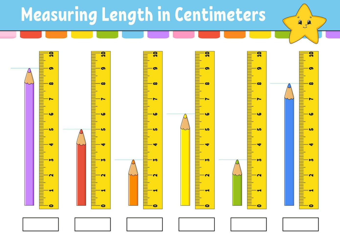 Measuring length in centimeter with ruler. Education developing worksheet. Game for kids. Color activity page. Puzzle for children. Cute character. Vector illustration. cartoon style.