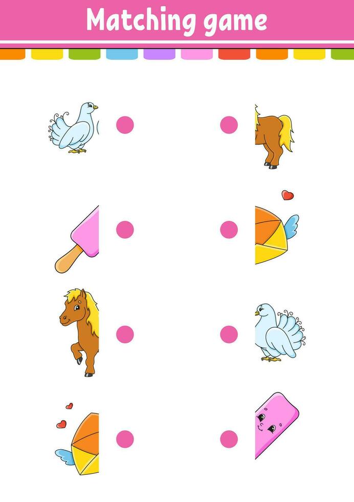 Matching game. Draw a line. Education developing worksheet. Activity page with color pictures. Riddle for children. Cute character. Cartoon style. Vector illustration.